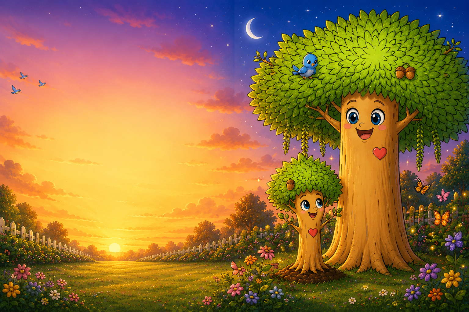 Twiggy and Sprout in a glowing garden at sunset